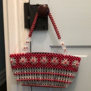 Lucite clear beaded & red pearl floral handbag